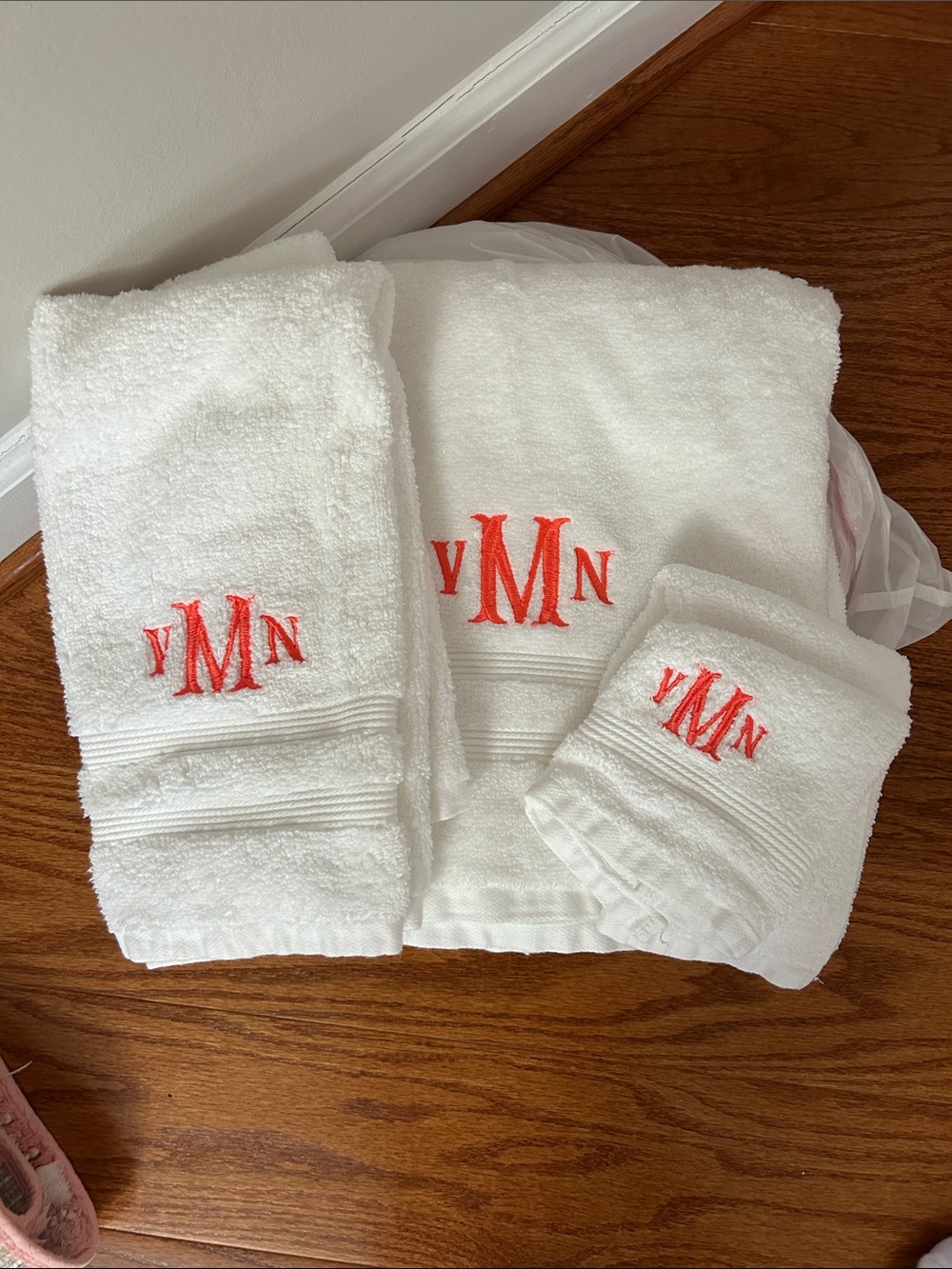White Monogrammed Towel Set with Coral Embroidery